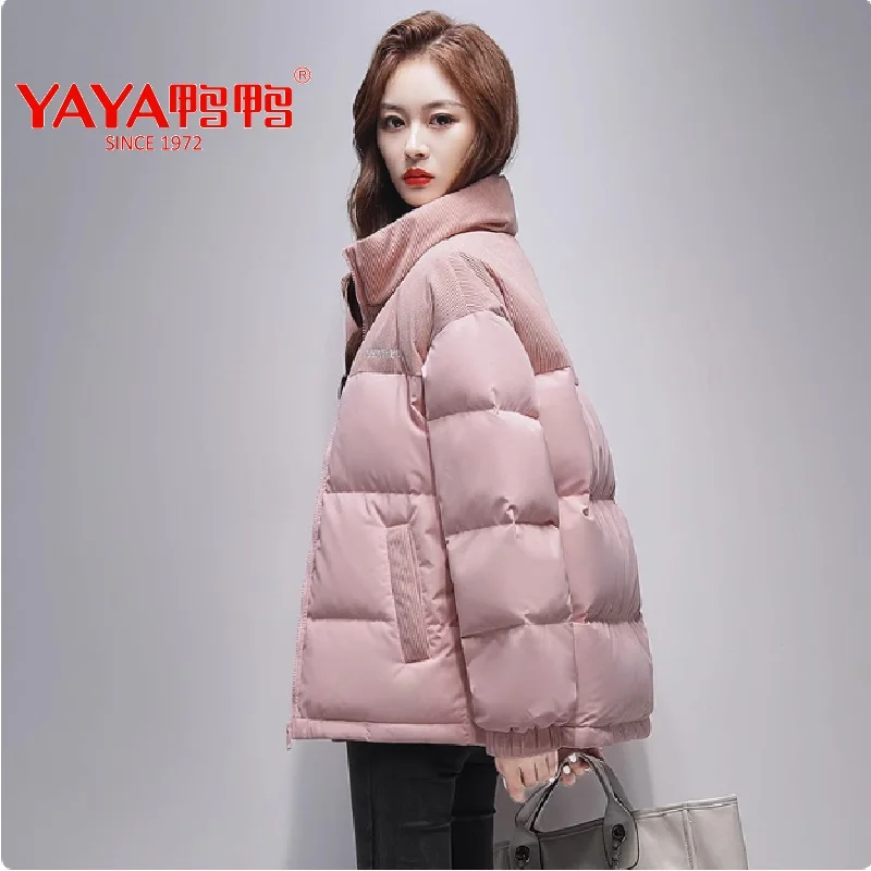 YAYA 2024 Winter Women Stand Collar Puffy Coat Loose Style 90% Short Thick White Duck Down Jacket Windbreak Outwear