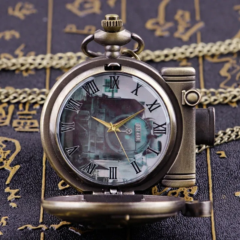 القطار البرونزي مرقمة الهاتفي قلادة كوارتز ساعة الجيب قاطرة حالة الرومانية الرقمية خمر ساعة الرجال والنساء تذكارية