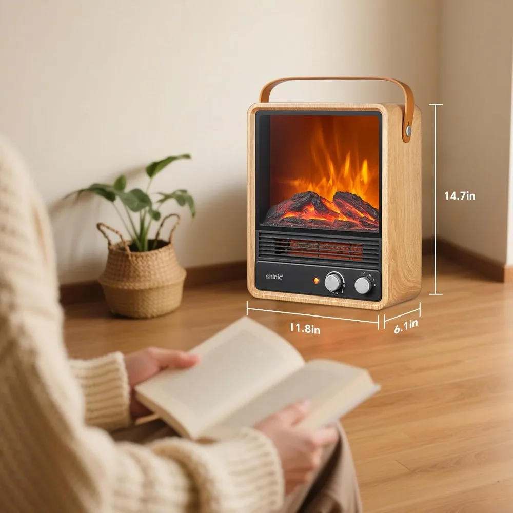 Shinic 電気暖炉ヒーター 屋内用、1500W 暖炉スペースヒーター、リアルな3D炎とパチパチ音、調整可能