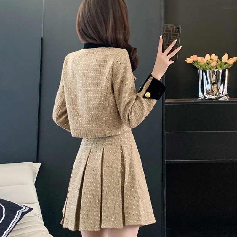 Fashion Two Pieces Autumn Sets Chic Long Sleeve Stand Jacket + High Waist Pleats Skirt 2023 New 2 Piece Sets Womens Outifits