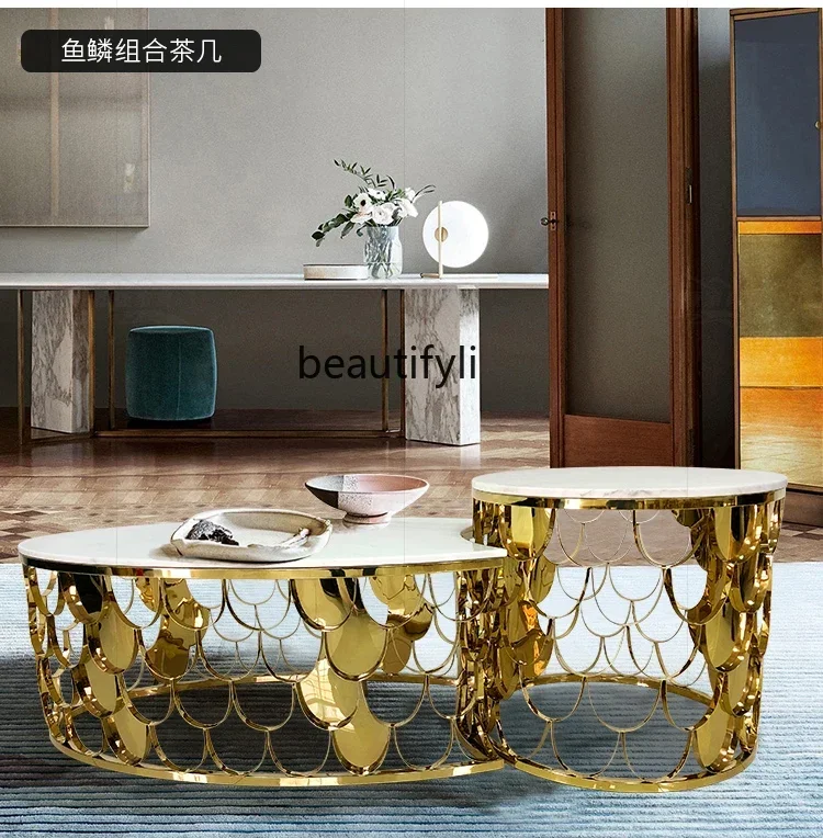 Light luxury natural marble round fish scale coffee table living room brushed brass coffee table rock slab6239