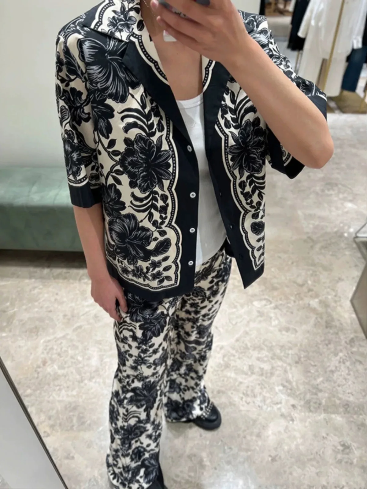 

Plant Retro Bla White Print ort Sve irt Loose Slimming Set High Waist Casual Pants Cotton Button round Ne Two Piec...