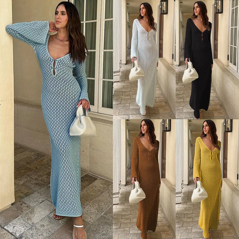 Women Long Knit Dress Hollow Out Deep V-Neck Long Sleeve Bikin Fashion Cover Up Beach Club Sexy Elegant See Through Dresses New