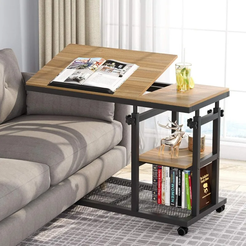 Mobile Couch Snack Side Table with Tiltable Drawing Board, Sofa Bedside Laptop Stand C Shaped TV Tray with Storage Shelves