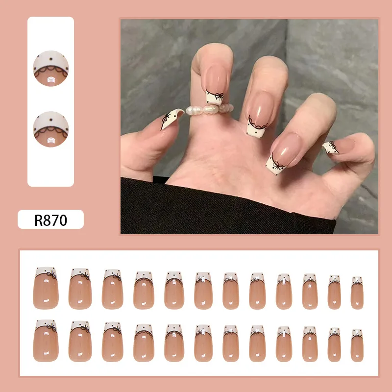 

24pcs Medium Coffin Press-On Nails - French White Tips With Bow & Polka Dot Accents Minimalist Elegance (Multi-Size Fit)