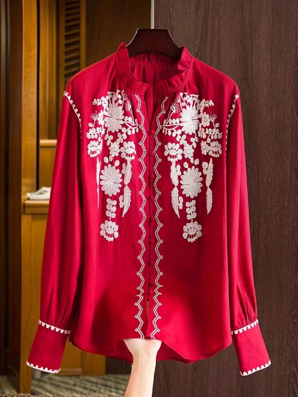 

Top Quality New Linen Blouses 2026 Spring Summer Style Women Luxurious Embroidery Long Sleeve Orange Red Casual Shirts Blouse