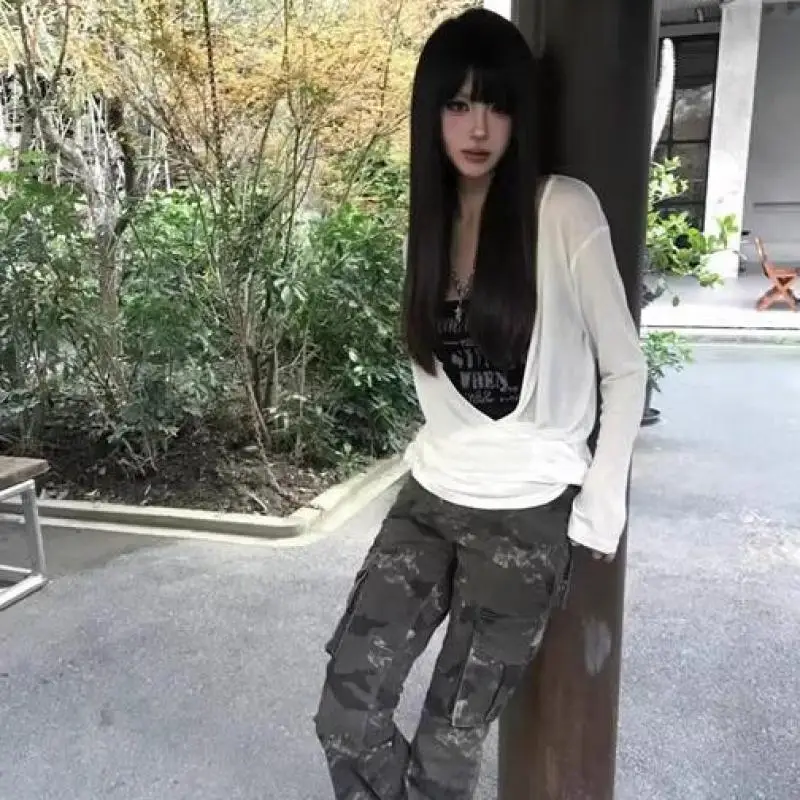 2000s Sexy Lace Patchwork Long Sleeve T-Shirt Women Office Lady Slim Fit Y2k Tees Female Harajuku E-girl 90s Gothic Aesthetic