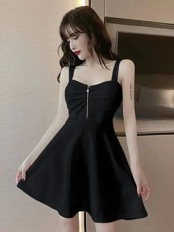 2022 New Sexy Dress Mesh Red Strap A-line Slim Fit Slim Ruffled Low Chest Zipper Korean Style Short Dress Women Charm PG9J