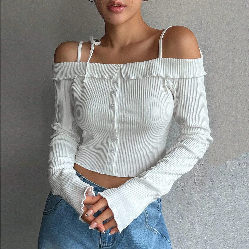 

Sweet Sle ort T-irt with Belt Long Sve One-oulder Women's Winter Knitted Cotton Top Faionable And Comfortable