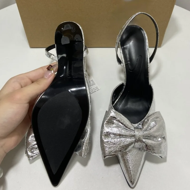 Luxury Brands Women Dress Shoes Large Size Elegant Bow Pointed Toe Summer Footwear Silver Party High Heeled Sandals for Ladies