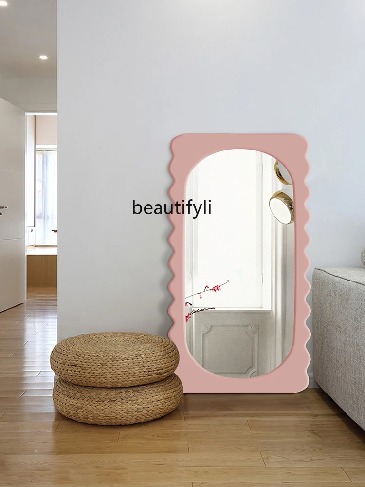 Modern Light Luxury Cream Wind Wave Full-Length Mirror Floor Mirror Shaped Home Bedroom Pink Creative Modern Full-Length Mirror