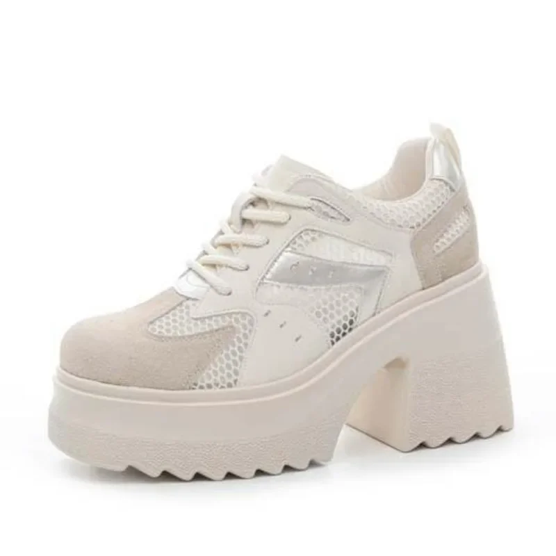 10CM Air Mesh Microfiber Genuine Leather Platform Wedge Chunky Sneakers Hollow High Brand Summer Women Hidden Heel Sandals Shoes