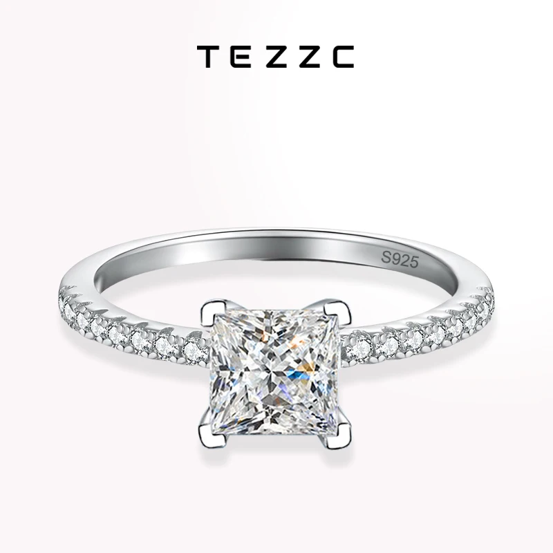 Tezzc 1ct 2ct Princess Cut Moissanite Diamond Ring 925 Sterling Silver Pass Diamond Test Bands Party Wedding Rings For Women