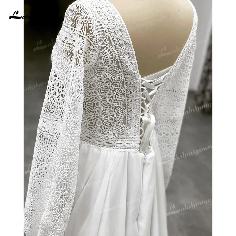 2025 Boho Sexy cuello en V espalda con cordones De manga larga De gasa una línea vestido De novia personalizado para las mujeres vestido De novia De playa Vestidos De barrido