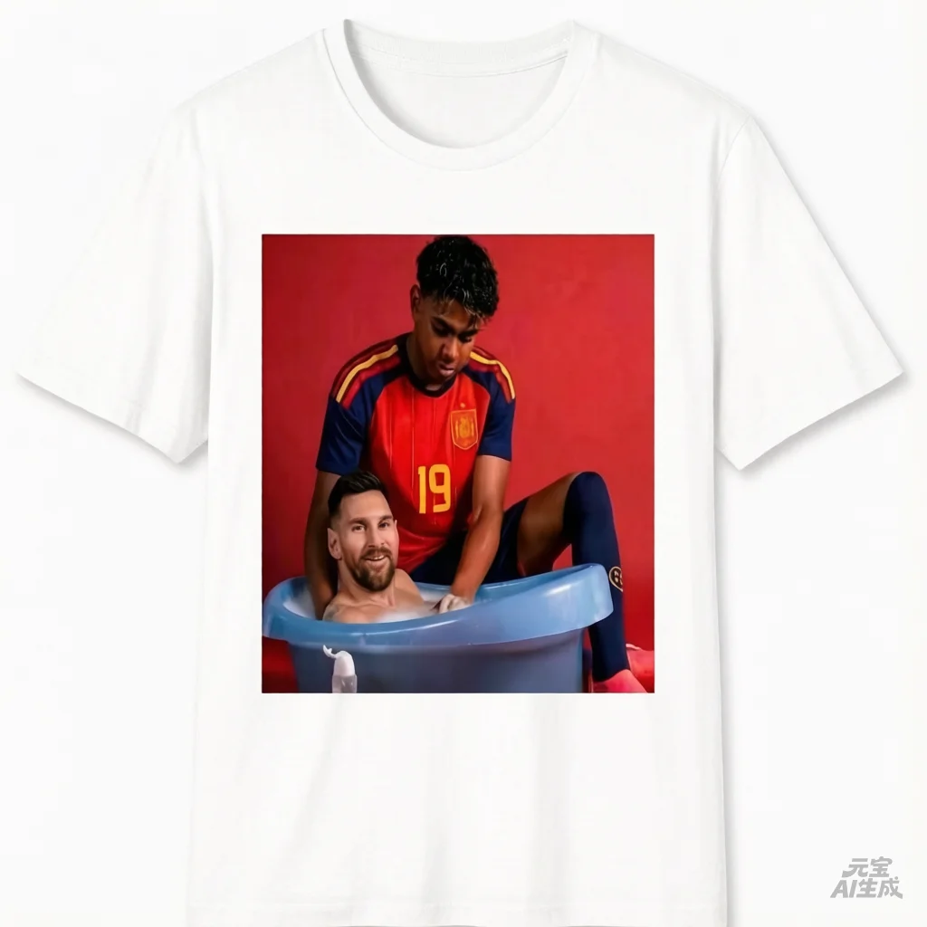 Viral Internet Meme Soccer Tee Lionel Messi Lamine Yamal Funny Bathtub Print Soft Cotton Loose Sports Fan Top