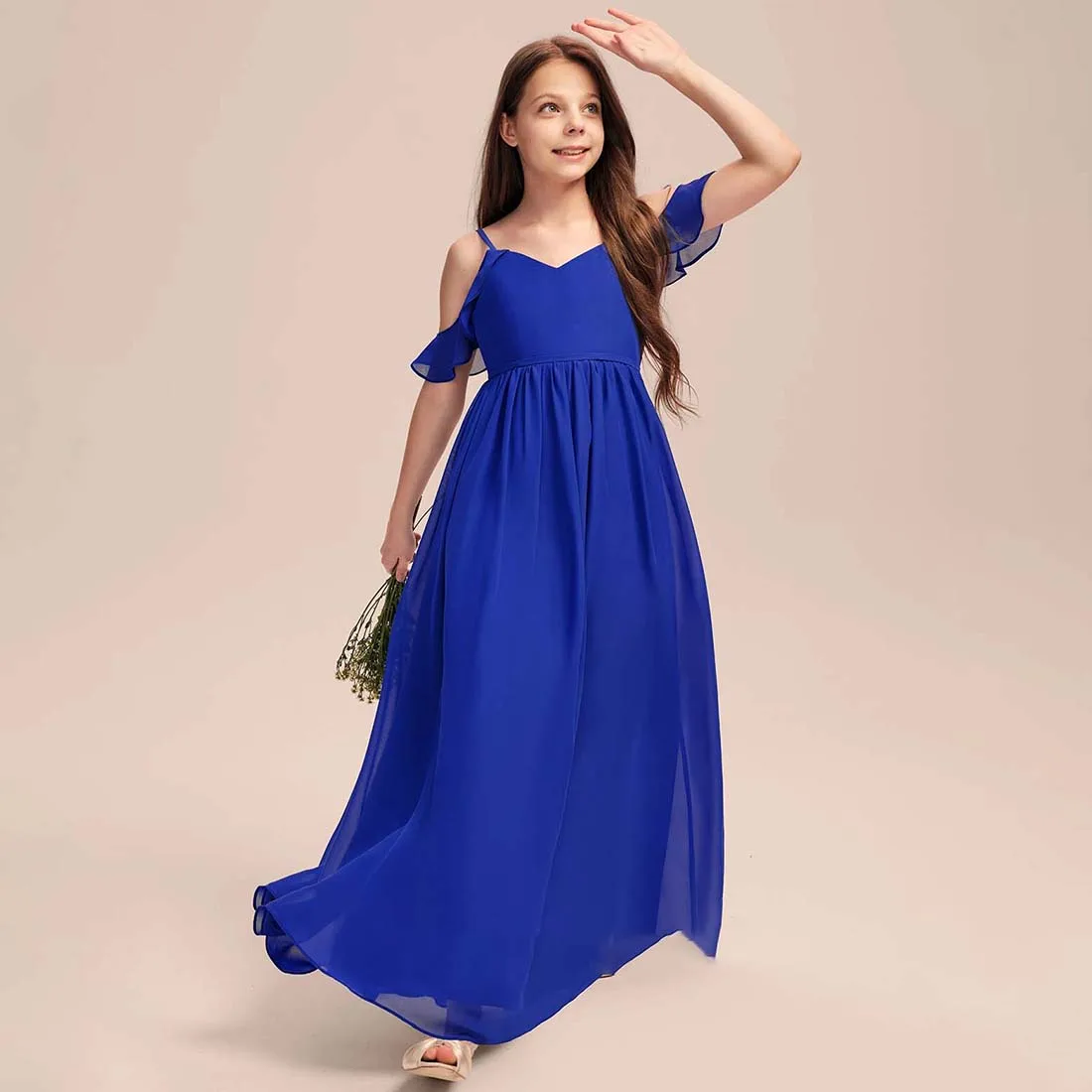 YZYmanualroom Chiffon Junior Bridesmaid Dress A-line Cold Shoulder Floor-Length 2-15T