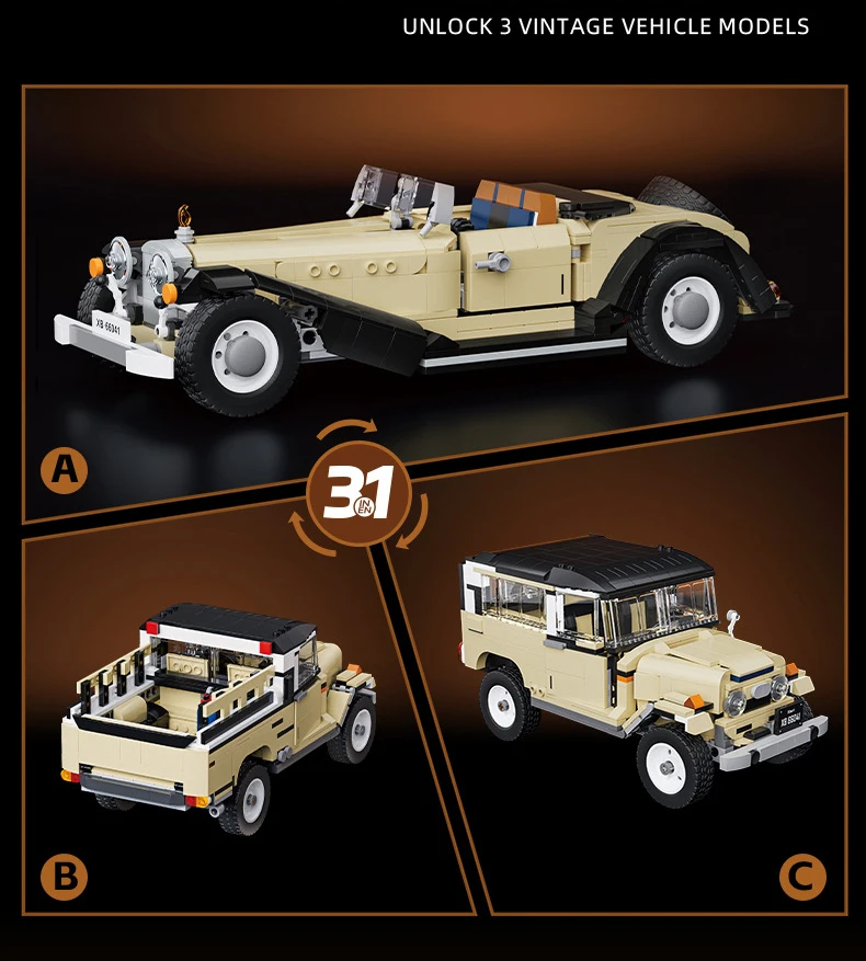 3IN1 Benz 500K Vintage Sportwagen-Bausteinset, klassischer Roadster, Fahrzeug-Baustein, ORV-Pickup-Truck, Spielzeug-Sammlung, ideal als Geschenk – Detail 2