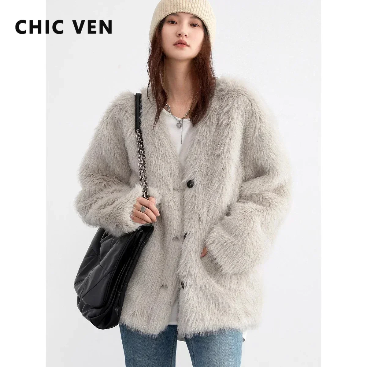 CHIC VEN Korean Women Jackets Loose Solid New V-neck Plush Warm Faux Fur Coat Female Jacket Woman Outerwear Autumn Winter 2024