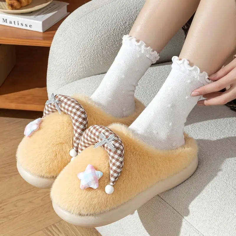 Cute Star Decorate Fluffy Fur Women's Slippers Soft Sole Warm Plush House Slippers Winter 2026 Platform Non Slip Shoes for Women