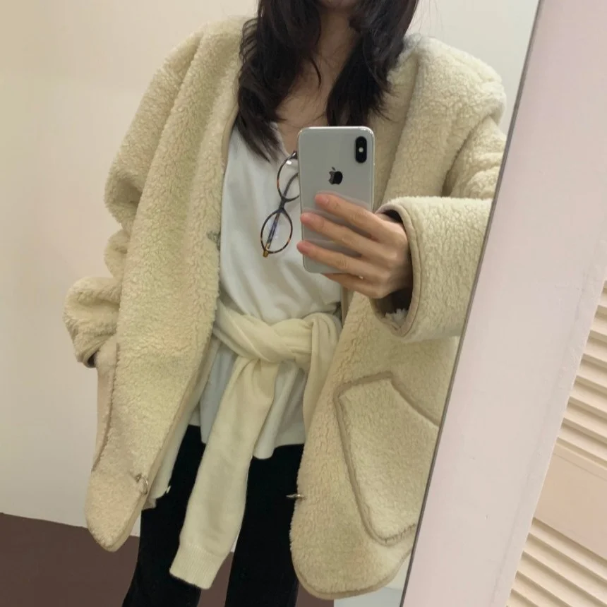 السيدات شيك المتضخم فرو الضأن Jaet المعادن الأزرق الدافئة الخريف الشتاء جديد Sle Faionable اللون Blo Commute Sle #3