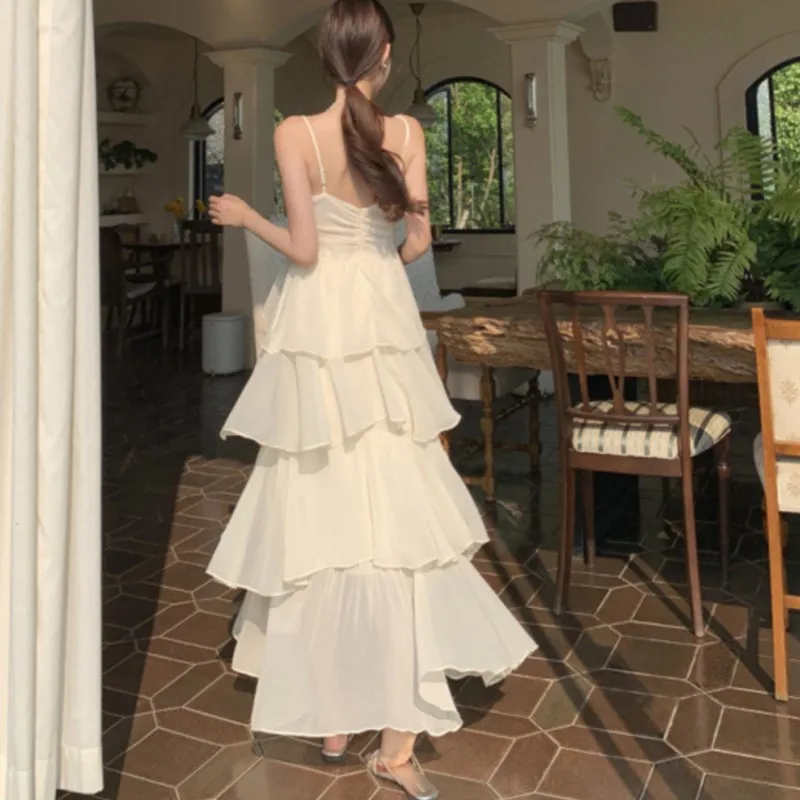 Style français doux Style col licou robe 2025 été bord de mer vacances multicouche à volants ourlet Boho longue robe de plage