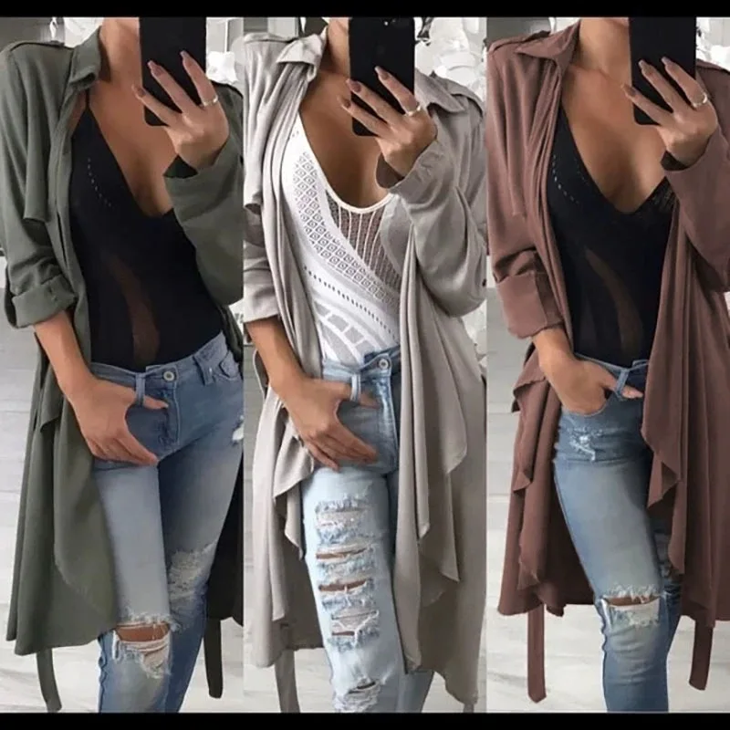 سترة واقية مفتوحة بأكمام طويلة بلون نقي للخريف والشتاء ملابس خارجية بحزام أنيقة وبسيطة للأزياء النسائية