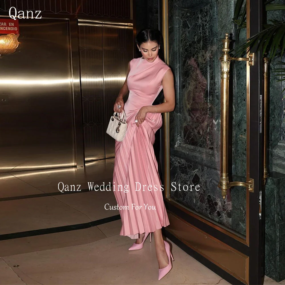 

Qanz Modest Pink Evening Dresses Satin Tea Length Evening Dresses Tiered Celebrity Party Dresses Dubai Abendkleid Customized