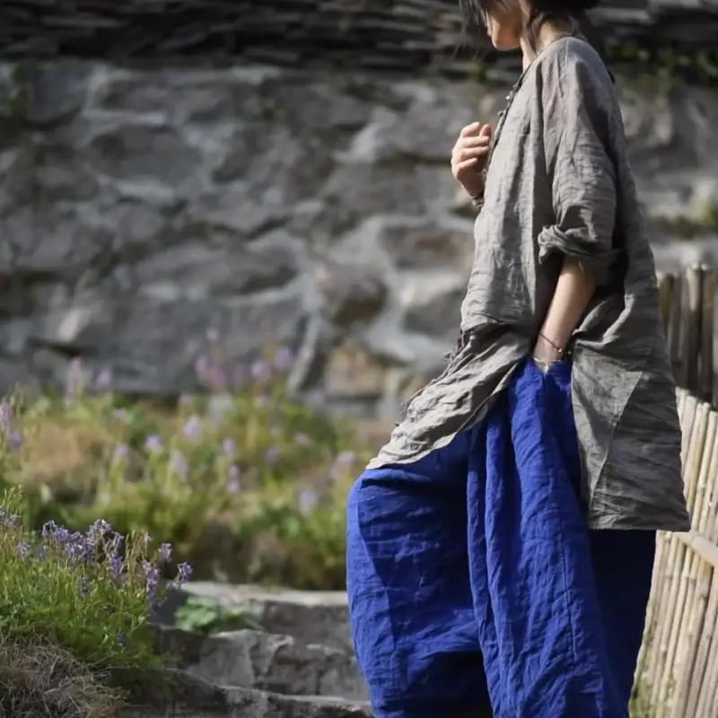 Spring Summer New Arts Style Women Loose V-neck Long Shirt High Quality Ramie Vintage Button Casual Shirts Female Blouse SN157