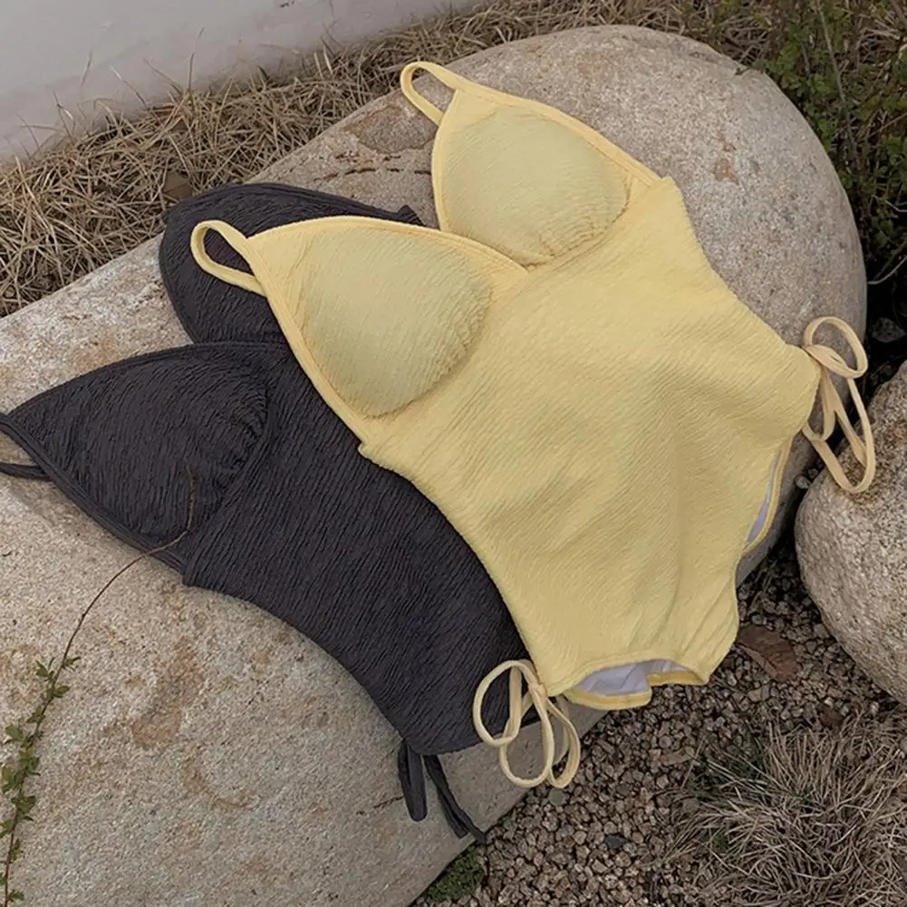 2025 Women Monokini V-Neck Sling Side Drawstring One-Piece Bikini Solid Color Slim Fit Quick Drying Figure-flattering Swimsuit