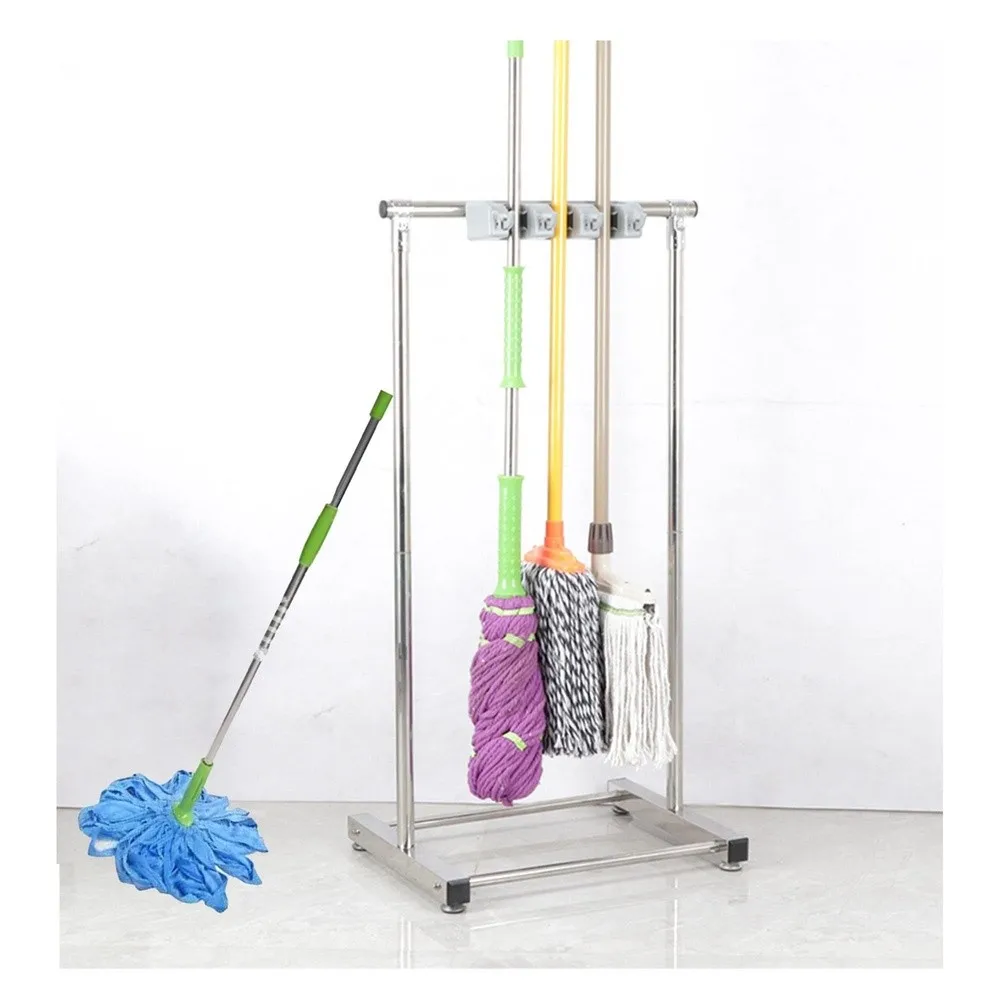 Movable Broom Mop Holder Stainless Steel Mop Rack Cleaning Supplies Organizer Garden Tool Storage Mop Drain Rack Can