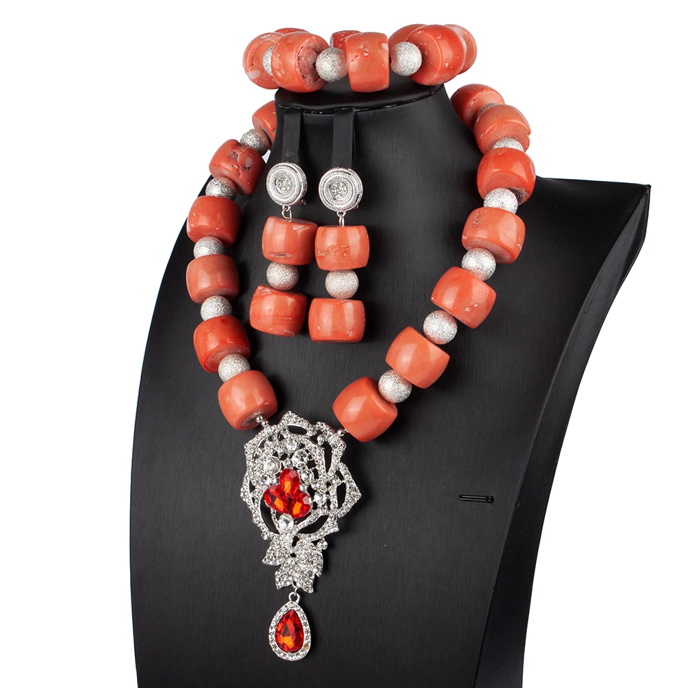 Big Real Coral Bead Traditional Nigerian Wedding African Coral Beads Jewelry Set Women Party Anniversary Gift JewelryABS201