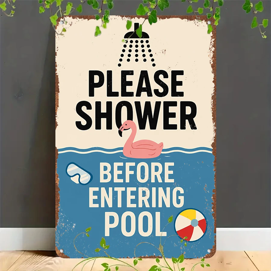 2D flat retro metal tin plate, Vintage Pool Shower Rules Tin Sign, Suitable for home, garage, café, bar and garden decoration