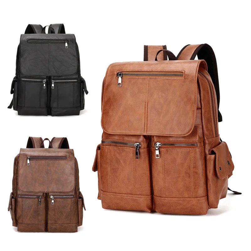 

New Casual Retro PU Men's Backpack, Multi-functional and Fashionable Student Schoolbag, Large-capacity Waterproof Computer Bag