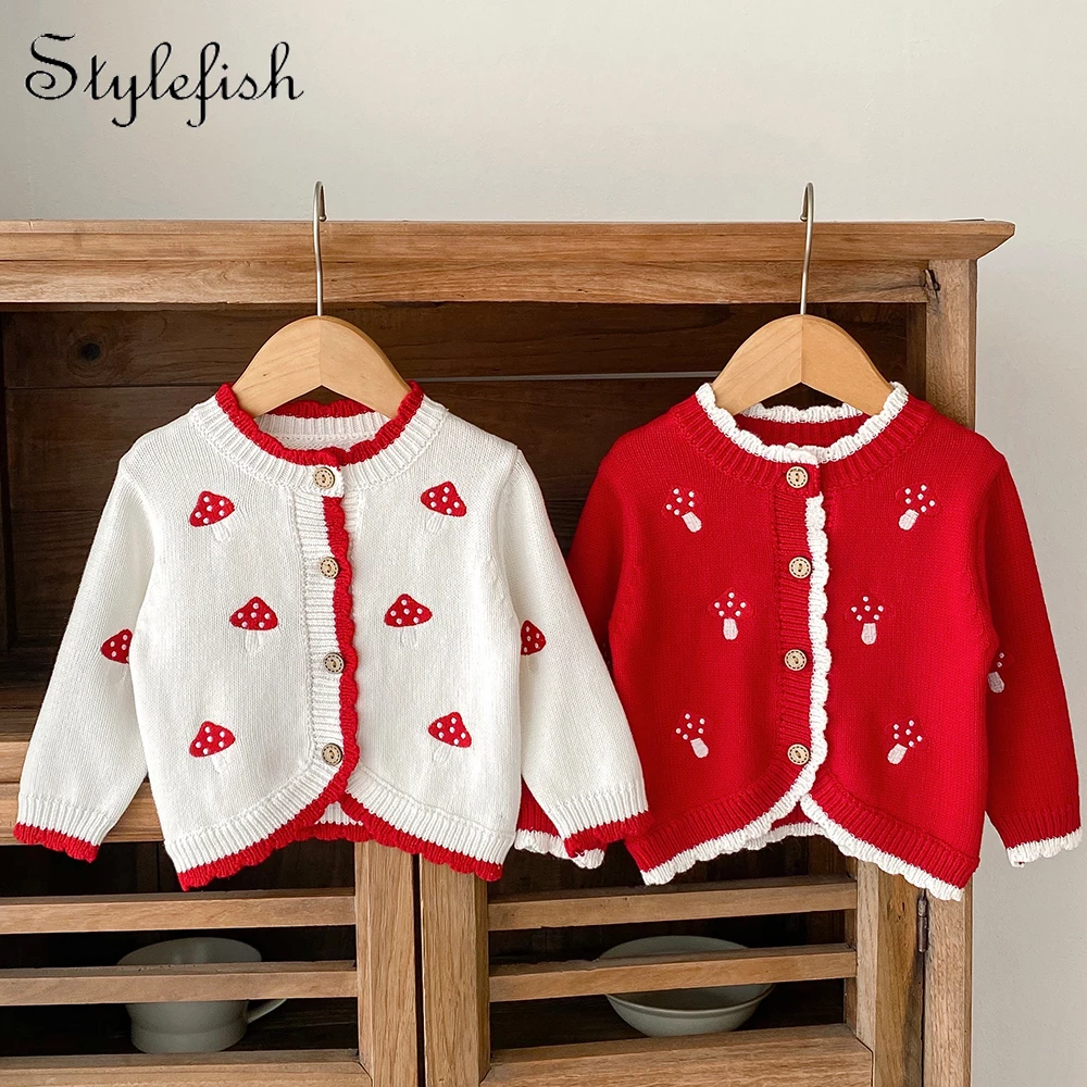 INS Spring and Autumn Girls, Babies, and Children's Mushroom Embroidery, Edge Collision Cotton Knitted Top, Cardigan Small Coat