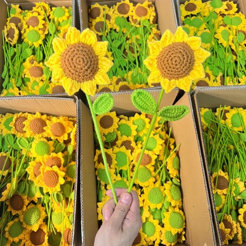 5Pcs Crocheted Sunflower with Branch Finished Product Handmade Knitted Sunflower Yarn Gift for Friends Graduation Teacher's Day Gift Souvenir