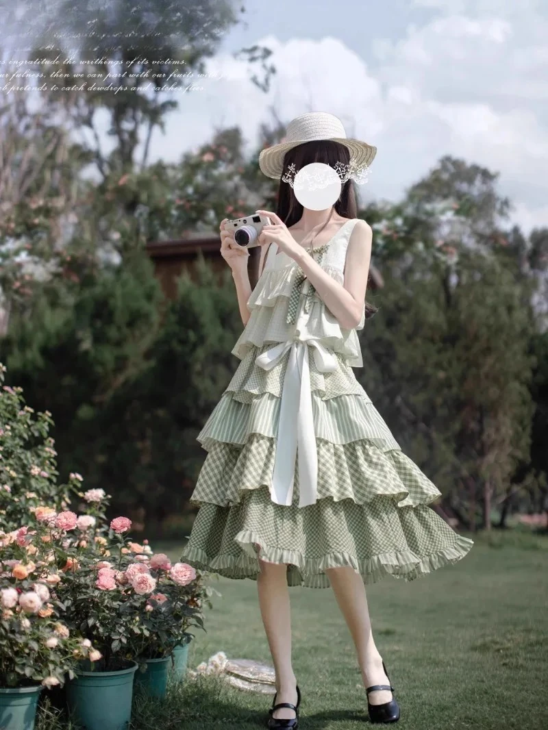 Sukienka Lolita Zielona Falbanka Tort Letnia Nowa Wakacyjna Słodka Dziewczęca Łączona Bez Rękawów Trapezowa Sukienka Midi