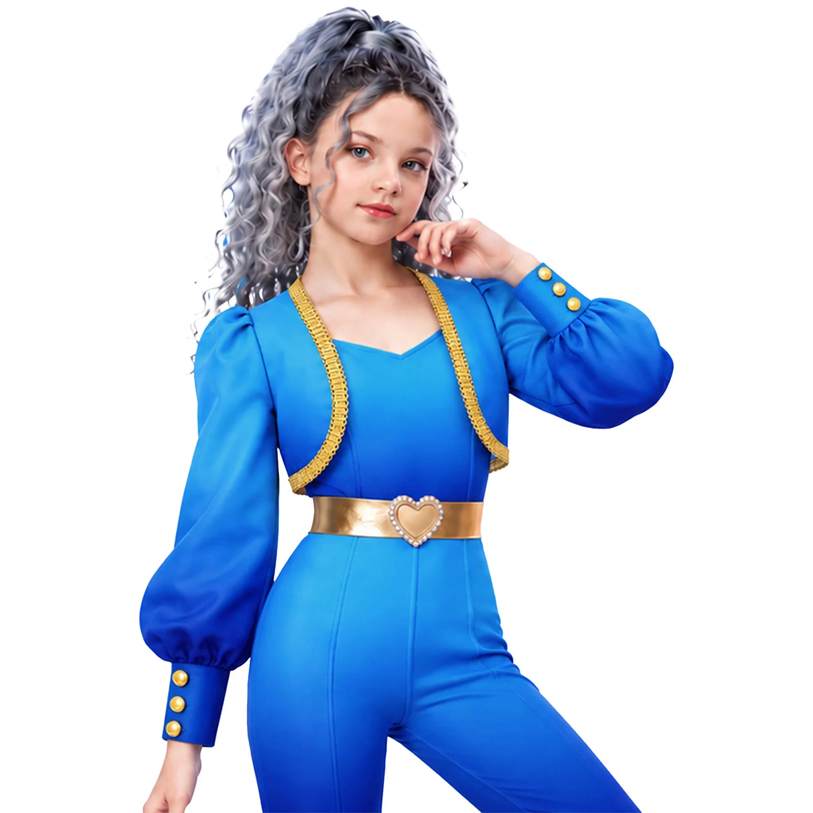 Kids Girls Gold Trim Jacket Puff Long Sleeves Open Front Outerwear for Halloween Role-playing Theme Party Stage Performance