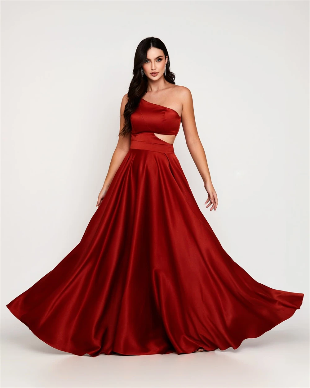 

Customized Temperament Burgundy Satin Evening Dress One Shoulder Sleeveless Homecoming Dress Delicate Bespoke Occasio