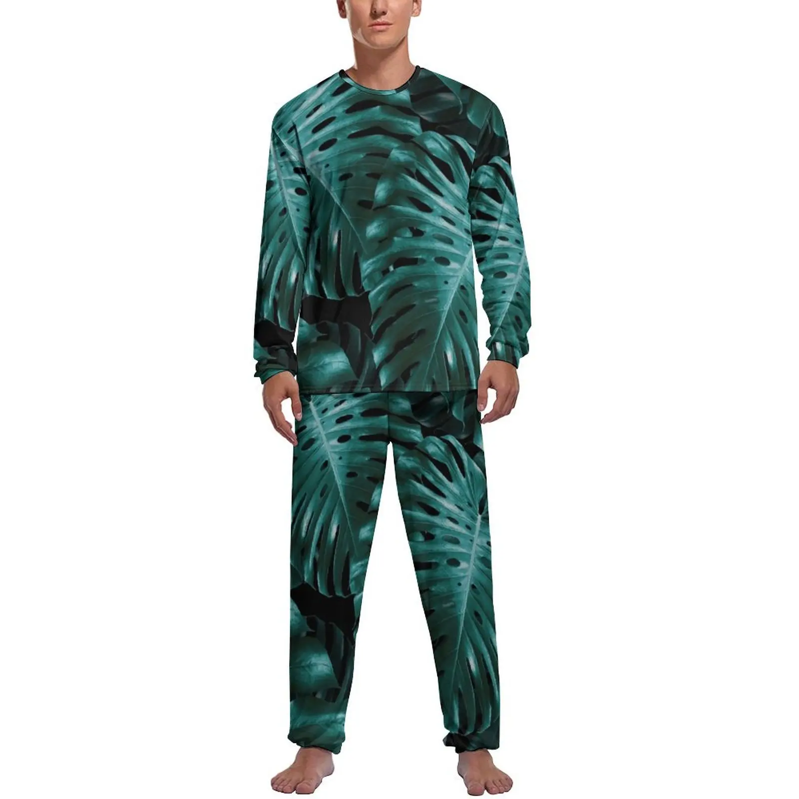 Jungle Night Leaf Pajamas Tropical Monstera Men Long Sleeve Trendy Pajama Sets 2 Pieces Casual Daily Pattern Sleepwear Gift