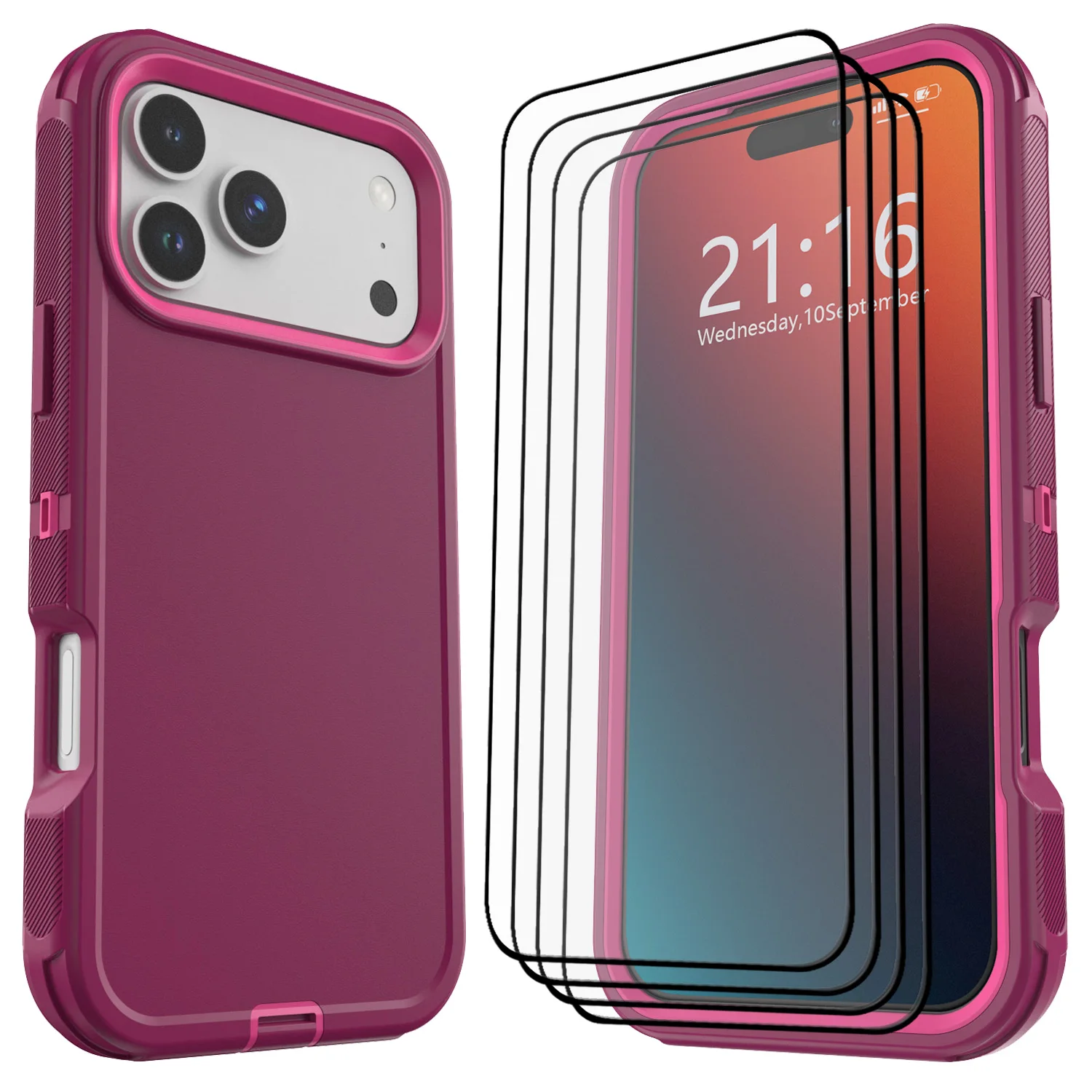 حافظة لهاتف آيفون 17/17 Air/17 Pro/17 Pro Max باللون الأحمر الخمري غطاء متين و4 قطع واقي شاشة من الزجاج المقسى الشفاف