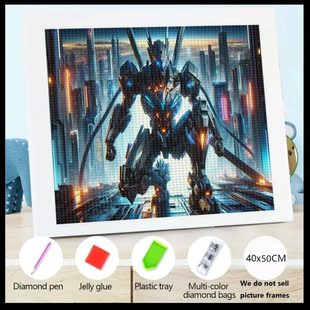 

Набор для алмазной вышивки 5D DIY 40x50 см: Киберпанк, футуристический робот-механик, городской пейзаж с неоновыми огнями – включает розовый алмазный стилус, R