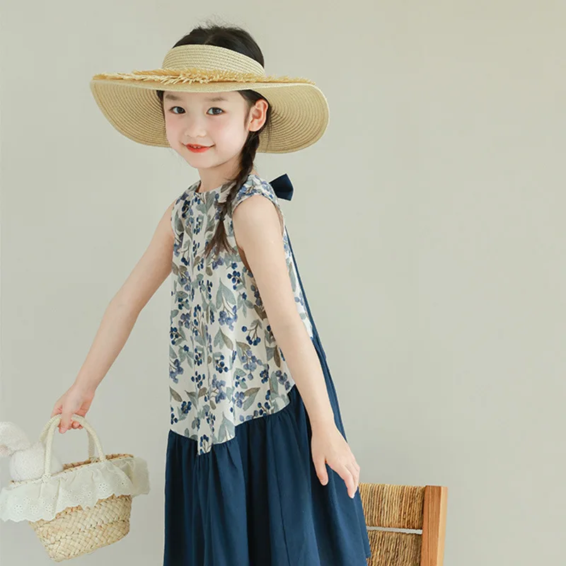 Baby Girl Dress Girls Patchwork Sleeveless Dress 2024 Summer Fashion New Female Treasure Skirt Retro Style Casual Print Dresses