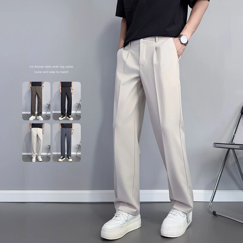 

Ins Fashion Korean Loose Wide Legs Pants Men's Drape Fabric Spring Summer Comfort Solid Color Business Casual Suit Trousers