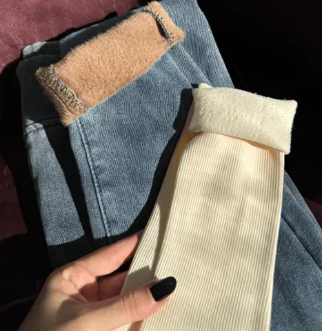 Material misto com forro interno de veludo, estilo riding, jeans grosso (meias de brinde)
