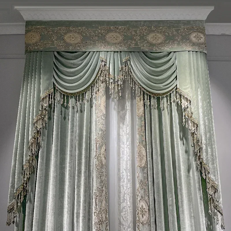 Jinora Premium Luxury Custom Court Romantic Style Velvet Embroidered Curtains for Bedroom Living Room French Window Villa