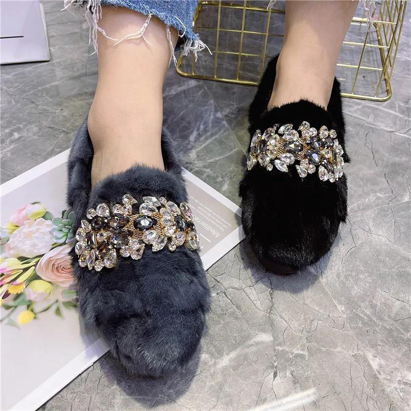 Black Mink Fur Women Loafers Casual Thick Sole Moccasins Crystal Winter Warm Snow Shoes Furry Fur Espadrilles Flats Creepers