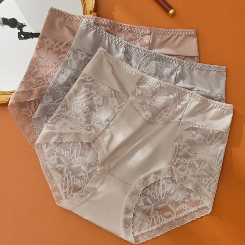 

Fashion Sweet Satin Silk Panties Cotton Crotch High Waist Lace Flower Briefs Seamless Thin Underwear for Women Summer