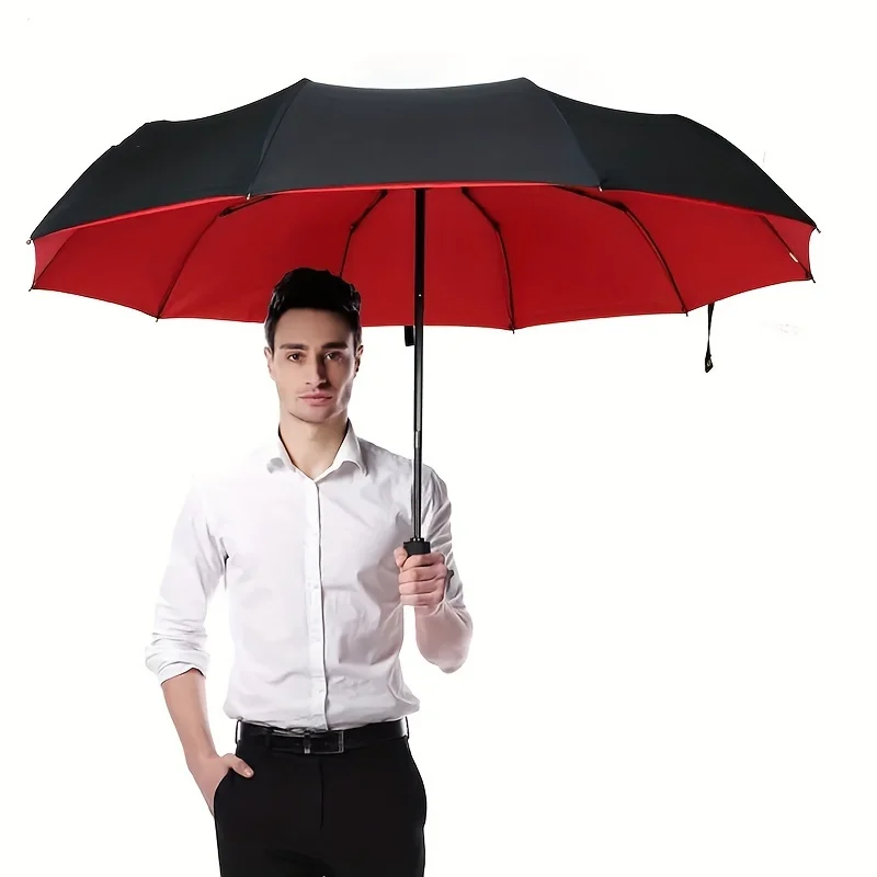 10 Ribs Large Windproof Business Umbrella - Foldable, Thick Heat Insulation, Handsome Pongee Cloth, Iron Rib, Plastic Handle, Tr