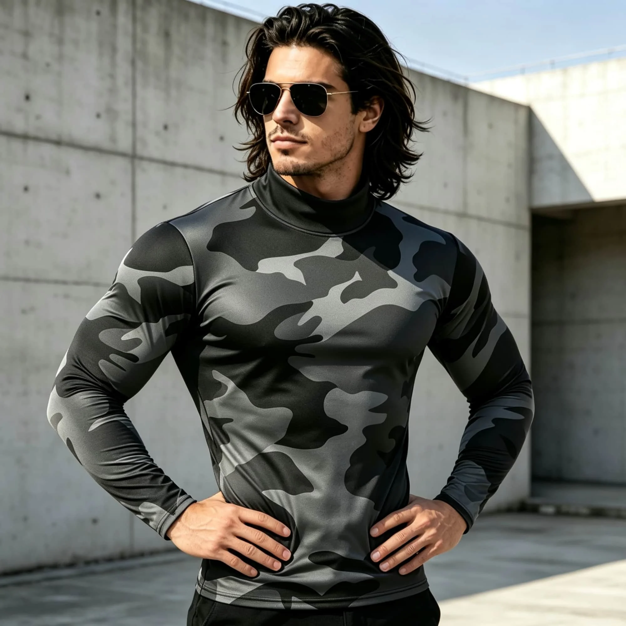 Modisches, personalisiertes, atmungsaktives, bequemes T-Shirt mit Stehkragen, Camouflage-Muster, langen Ärmeln, vielseitig einsetzbar, lässig, trendig, Herrenbekleidung – Detail 5