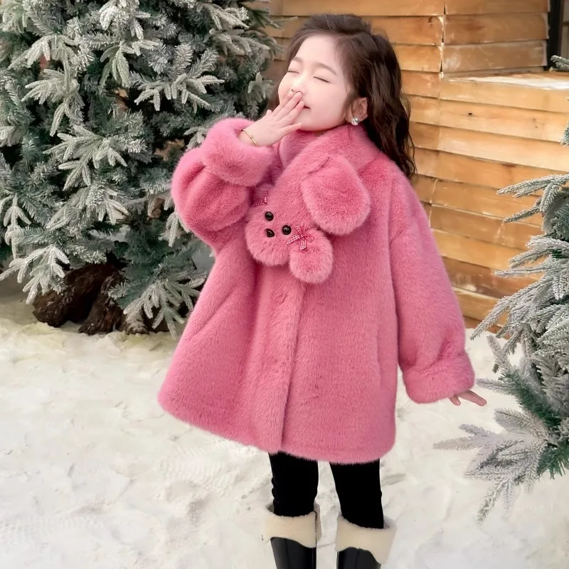 Children Clothing Faux Fur Coats Solid Long Jacket Scarf Collar Long Sleeve Covered Button Thick Loose Casual 2025 Autumn Winter